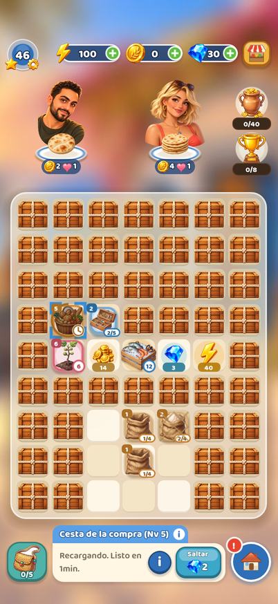 Partida de Taverna Tales: el tablero de fusión con los pedidos de los clientes arriba